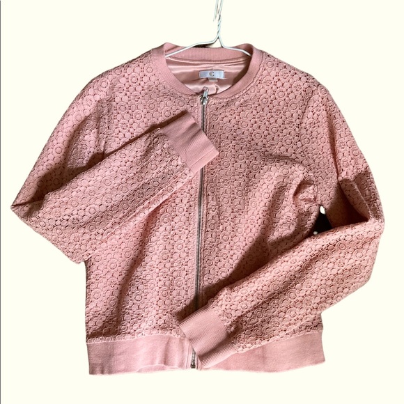 Lace Overlay Zipper Light Jacket - Picture 1 of 6